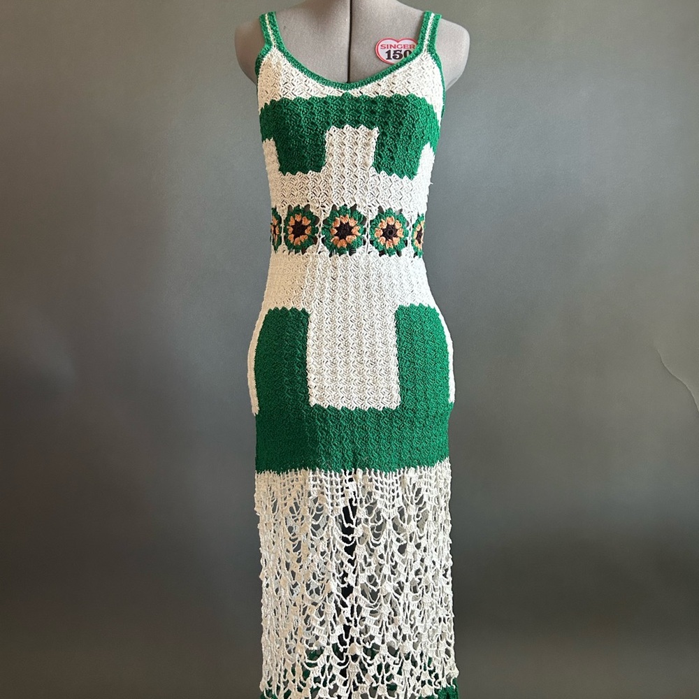 Green and White Crochet Dress